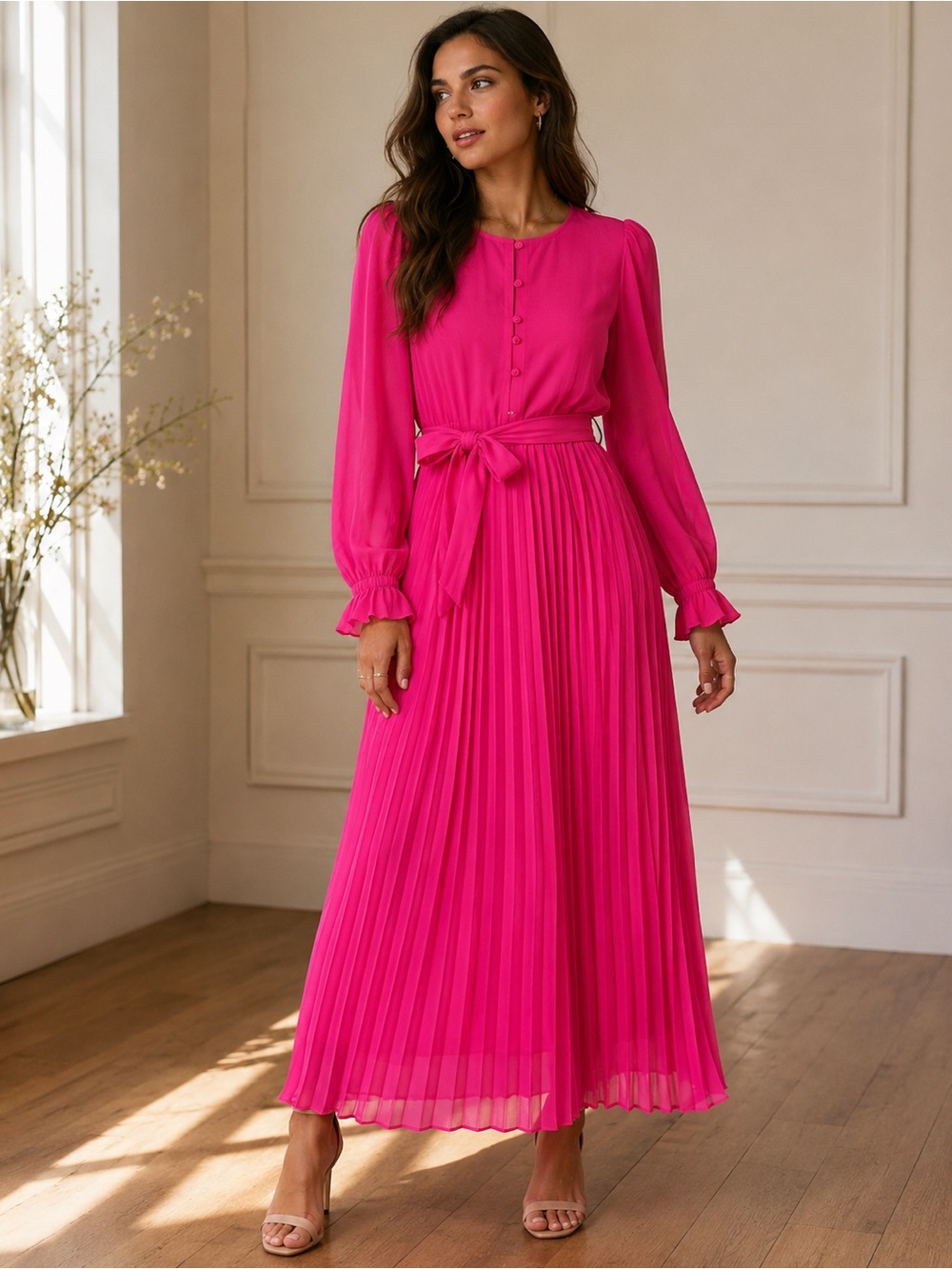 J. Crew Hot Pink Tie Waist Pleated Midi Dress Size 14 MSRP $199
